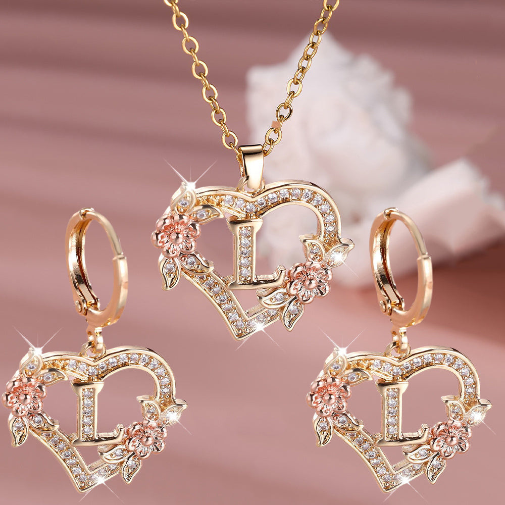 3pcs Women's Jewelry Set - Heart-Shaped Interlocking Link Necklace & Earrings with 26-Letter Monogram, Elegant Golden-Tone -Accented Letters, Dainty Everyday Gift for Mother's Day, Graduation, Birthdays (Pink & Clear Good Vibrations