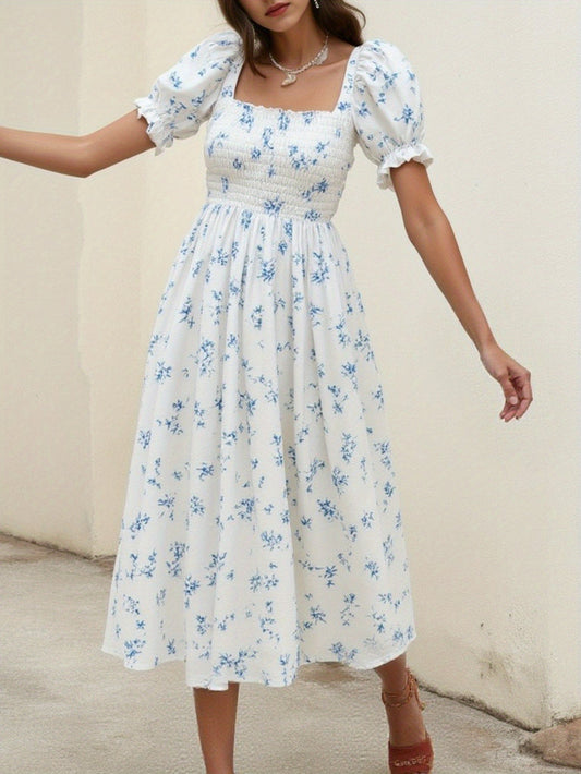 Elegant Spring/Summer Women's French Floral tea party dress - Square neck, Non-Stretch flared skirt for casual outing Good Vibrations