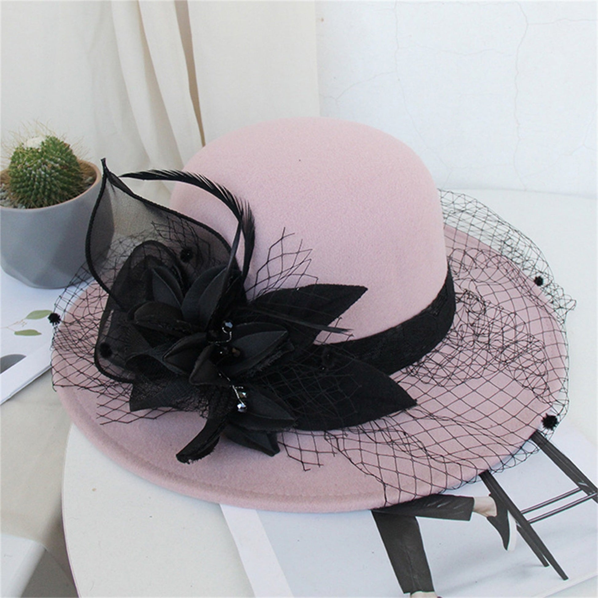 Women's Wide Brim Fedora Hat with Black Lace Veil & Floral Decor - Non- Derby Cap for Church, Bridal Tea Party, Formal Events Good Vibrations