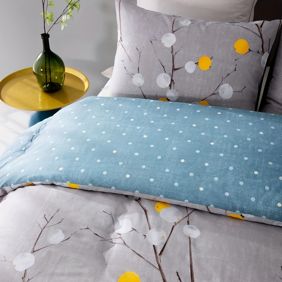 600 Thread Count SLEEPBELLA Luxury Duvet Cover - Soft Grey Branch Pattern with Yellow Turquoise Polka Dots, Reversible Comforter Cover with Green Reverse Side, Breathable, Hypoallergenic, and Machine Washable Good Vibrations