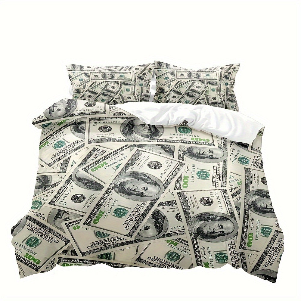 1pc, Money Print Queen Bedding Set, 3-Piece Microfiber Duvet Cover With Zipper Closure & Corner Ties, Includes 90"x90" Comforter Cover And 2 Pillow Shams, One Hundred Dollar Bill Soft And Breathable Quilt Cover For Home Bedro Good Vibrations