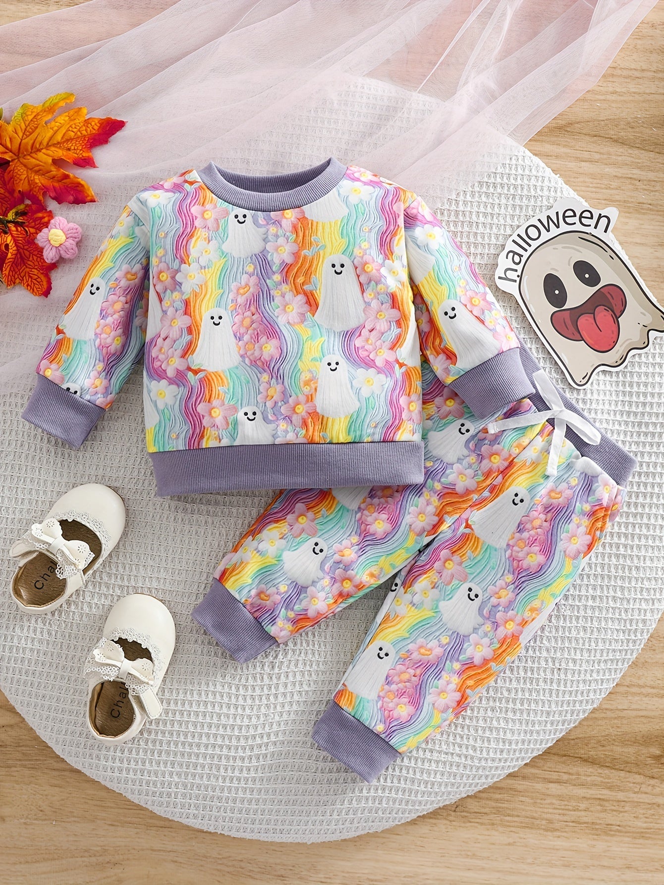 2pcs Baby's Halloween Style Ghost Pattern Rainbow Color Sweatshirt + Casual Pants, Toddler & Infant Girl's Clothing Set Good Vibrations