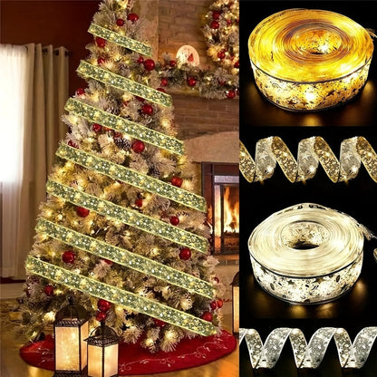 78.74/196.85/393.7inch Golden And Silver Christmas Ribbon Fairy Lights, With Ribbon Bows And Butterfly Decorations, For Garden Home, Living Room, Halloween, Christmas, Wedding Decoration, Christmas Tree Decoration, Novel Ligh Good Vibrations