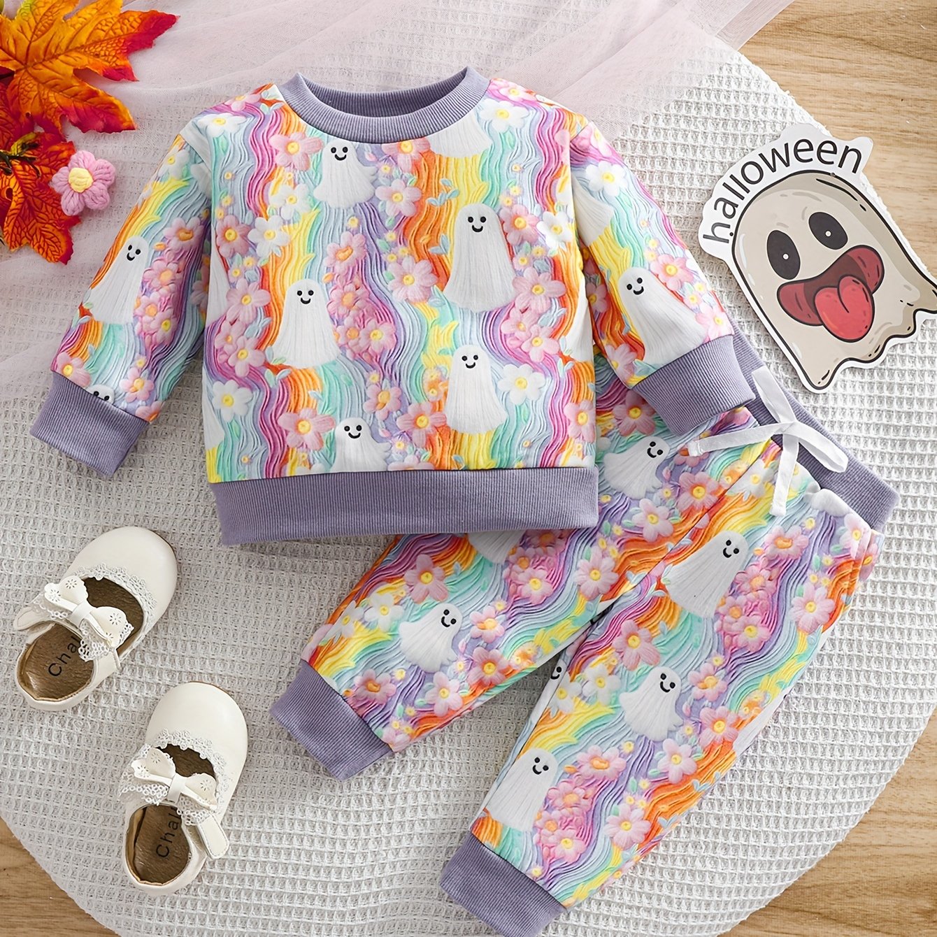 2pcs Baby's Halloween Style Ghost Pattern Rainbow Color Sweatshirt + Casual Pants, Toddler & Infant Girl's Clothing Set Good Vibrations