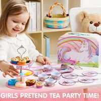 35pcs Unicorn Tea Party Set for Little Girls, Pretend Tin Teapot Set, Princess Tea Time Play Kitchen Toy with Dessert, Doughnut, Carrying Case for Birthday Easter Gifts Youngsters Youngsters Age 3 4 5 6, SYNCFUN Good Vibrations