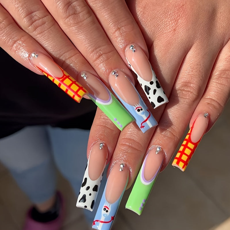 Festive Long Ballet Nail Tips with Cow Print And Checkered Design - Nude Color, Shiny Finish Good Vibrations