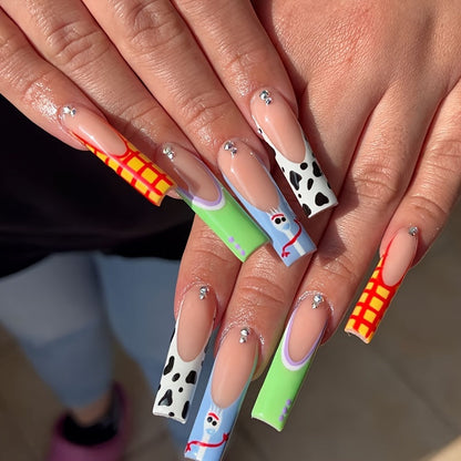 Festive Long Ballet Nail Tips with Cow Print And Checkered Design - Nude Color, Shiny Finish Good Vibrations