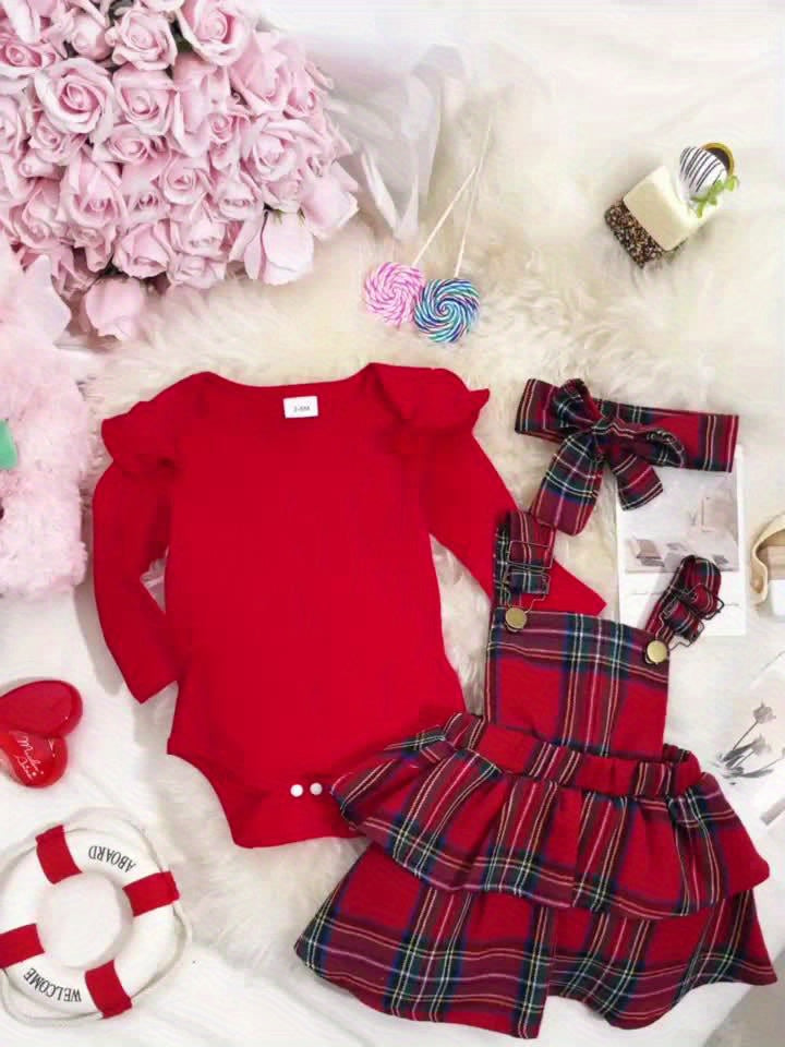 Baby Autumn and Winter Clothing Set Baby Girls 0-18 Months Romper and Plaid Strap Skirt and Headband Good Vibrations