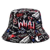 1 Men's "What" Graffiti-Style Bucket Hat - Streetwear Polyester, Hand-Washable, Black with Colorful Typography & Graphics, Perfect for Trendy Outfits Good Vibrations