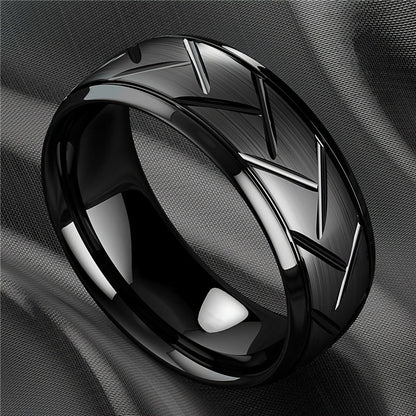 1pc 8MM Luxury High Quality Black Titanium Steel Ring Fashion Simple Men's Black Stainless Steel Wire Groove Tire Ring Artificial Jewelry Lover Gift Good Vibrations