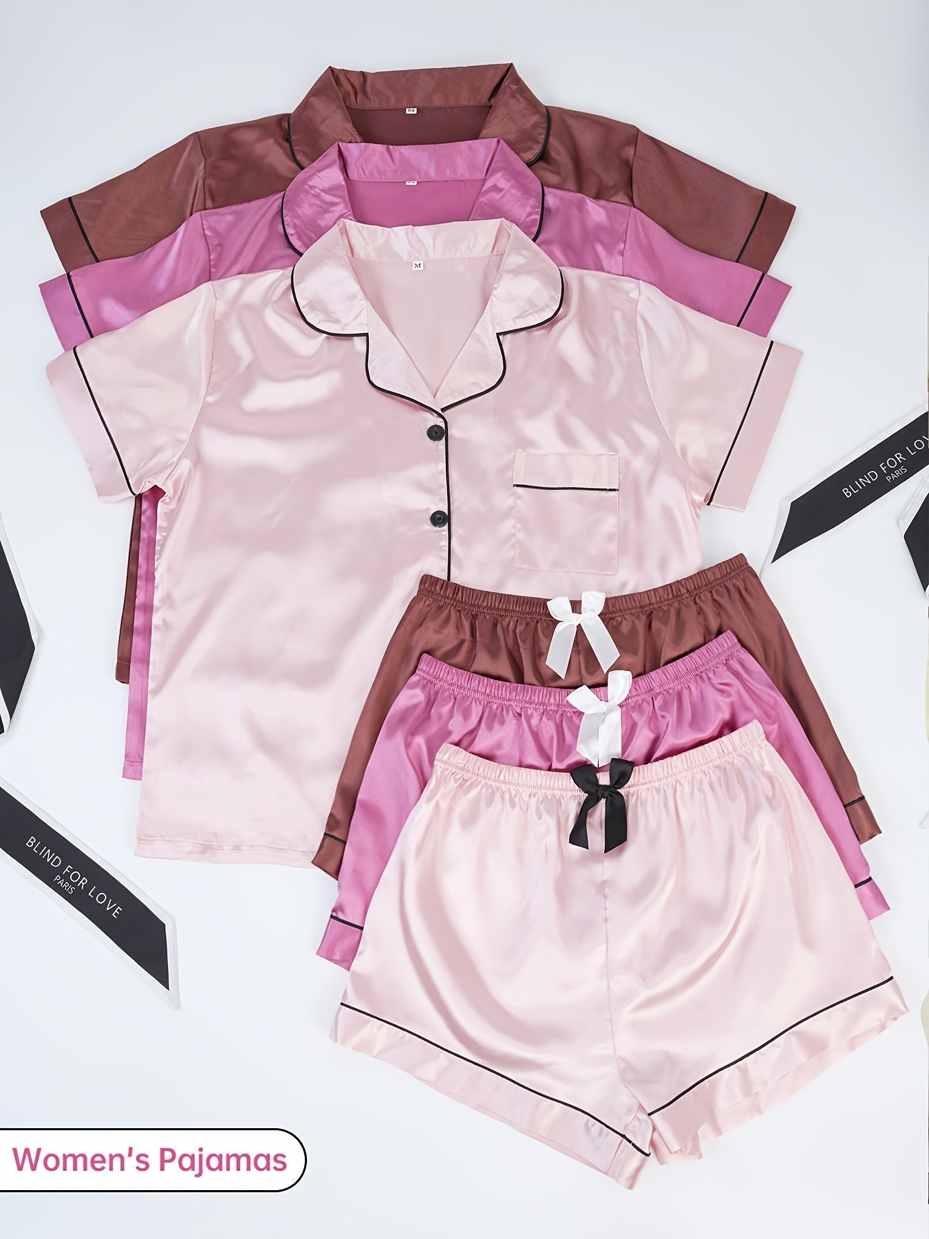 Three Sets of Satin Outfits. Short-Sleeved Collared Tops And Elastic Waistband Shorts, Suitable for Women'S Sleepwear And Loungewear, Women Short And Top Set, Short And Top Set Women, Women Short Set, Loungewear Women Set, Sh Good Vibrations