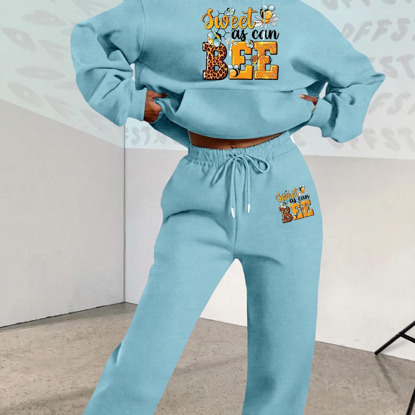 2025 Autumn Winter New Arrival, Sweet Cool Long Neck Deer Pattern Suit, Casual Letter Print Loose Warm Long Sleeve Hooded Sweatshirt with Elastic Drawstring Waist Pants Two-Piece Set, Women Two-piece Set Large Size Striped Ch Good Vibrations