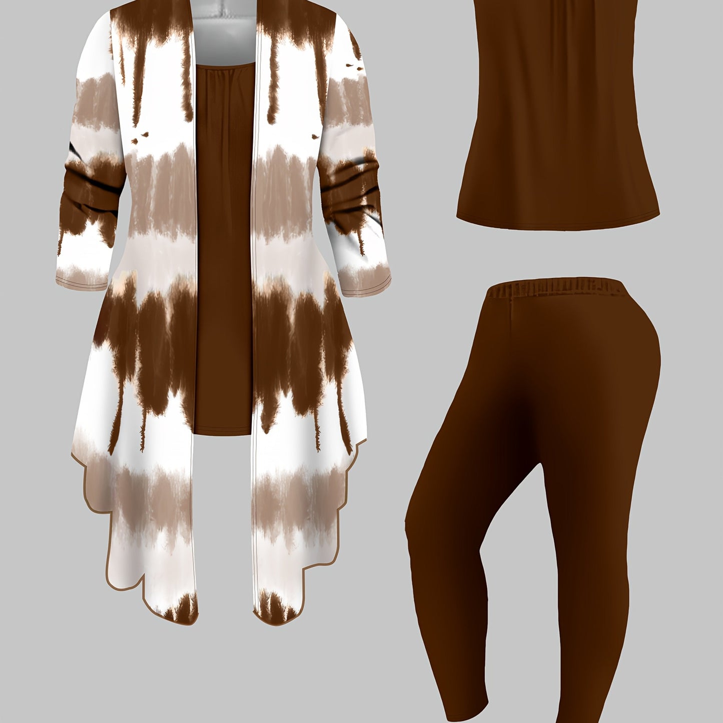 Three-Piece Plus Size Tie Dye Open Front Top & Solid Color Cami Top & Elastic Waist Pants Outfits, Women's Casual Clothing Set Good Vibrations