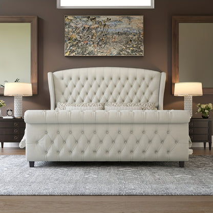 Platform Bed Frame, Chenille Upholstered Sleigh Bed with Scroll Wingback Headboard & Footboard/Button Tufted/No Box Spring Required/ Good Vibrations
