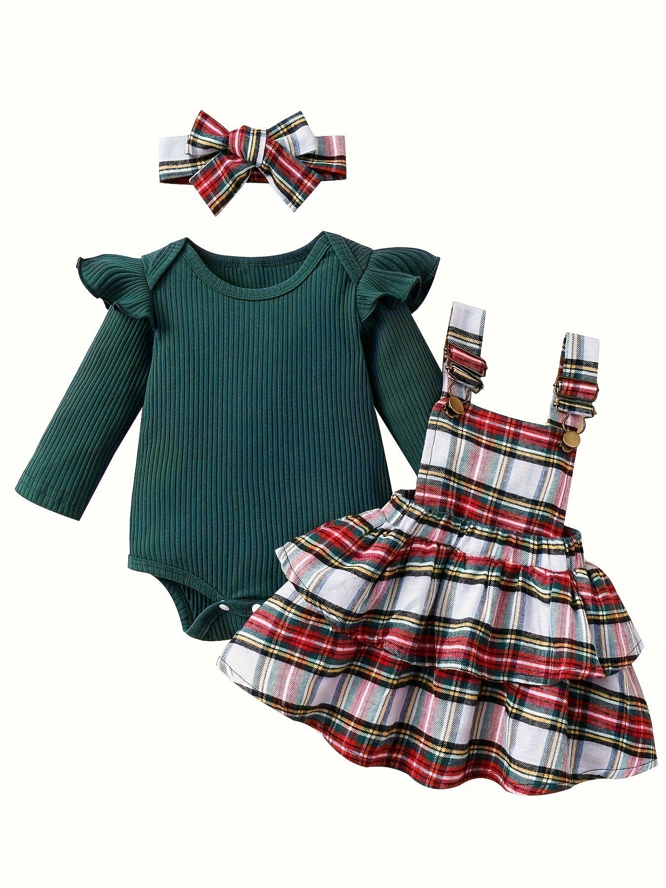 Baby Autumn and Winter Clothing Set Baby Girls 0-18 Months Romper and Plaid Strap Skirt and Headband Good Vibrations