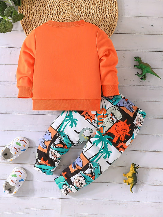 2pcs Baby's Cartoon Dinosaur Comics Print Sweatshirt & Casual Pants, Toddler & Infant Boy's Clothing Set, Outdoor Cloth Good Vibrations