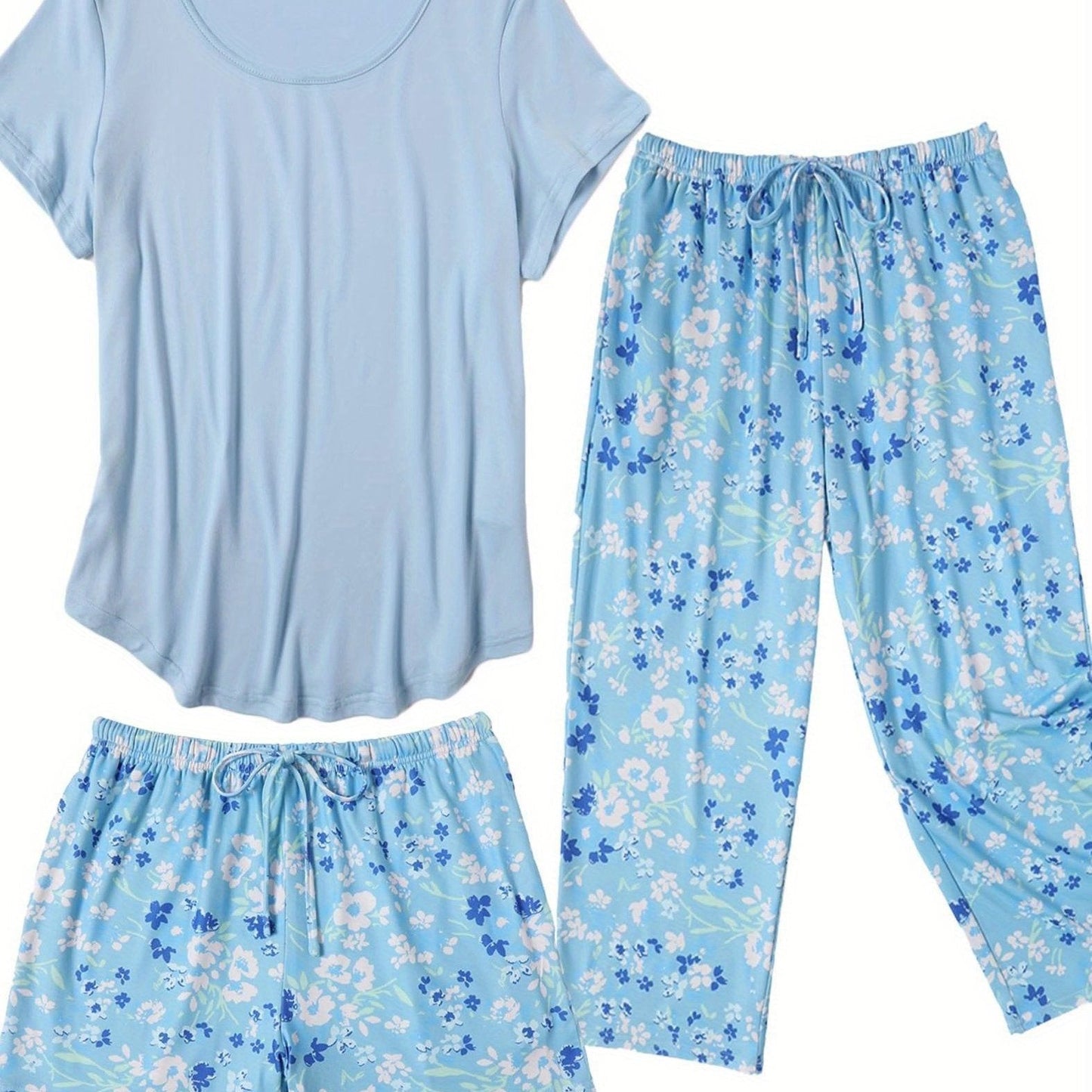 Fashion 3 PCS Capri Pajamas For Women Set Nightwear Housing Suit Super-Soft Housewear Casual Nightsuit Sleeping Suit Short Sleeve Pajama Sets Sleepsuit Floral Pj Sets Soft Sleepwear With Pockets Plus Size S-XXL Good Vibrations