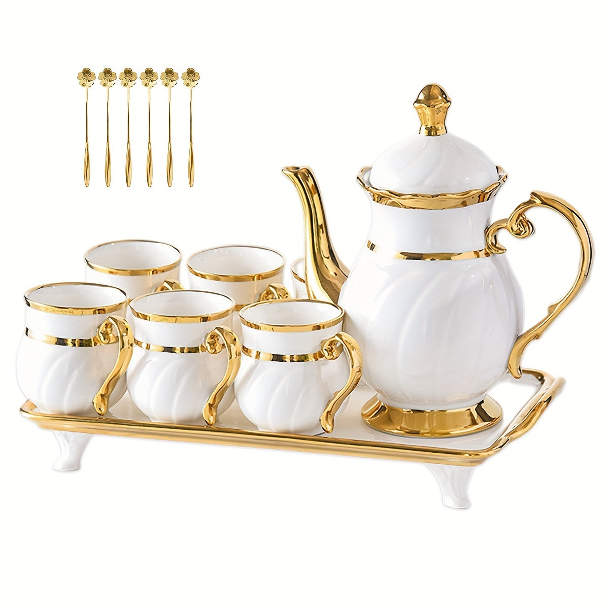 14-Pieces Luxurious Porcelain Teapot Set - Includes Ceramic Coffee Cups, Teacups, Golden Spoon, Tea Party Tray Holder, and Gift Sets for Elegant Entertaining Good Vibrations