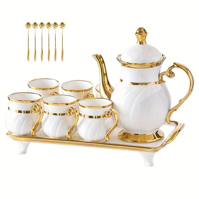 14-Pieces Luxurious Porcelain Teapot Set - Includes Ceramic Coffee Cups, Teacups, Golden Spoon, Tea Party Tray Holder, and Gift Sets for Elegant Entertaining