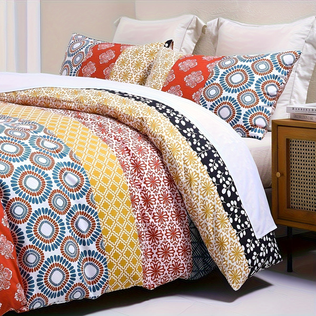 SLEEPBELLA Comforter Set, Soft Microfiber All Season Comforter, Colorful Boho Design with Red Bohemian Striped Pattern, Down Alternative Machine Washable Good Vibrations