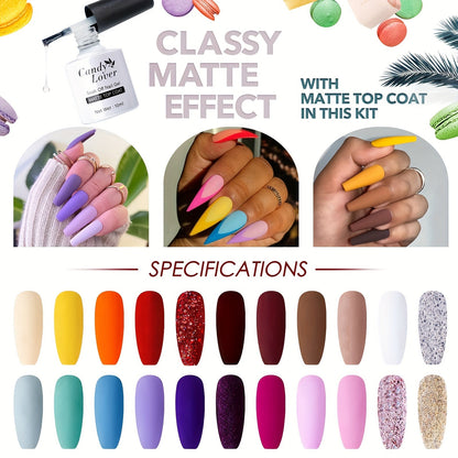 Candy Lover Gel Nail Polish, 25 Pcs Neon Bright Gel Nail Polish Set With Base Top Coat Matte Coat, Soak Off Gel Polish, UV Nail Polish Set, Pink Purple Glitter Red White Gel Colors Good Vibrations