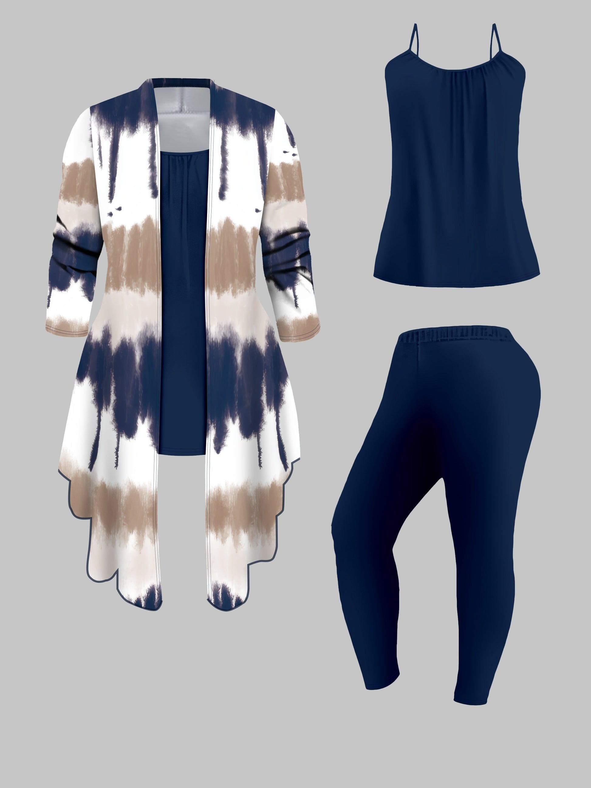 Three-Piece Plus Size Tie Dye Open Front Top & Solid Color Cami Top & Elastic Waist Pants Outfits, Women's Casual Clothing Set Good Vibrations