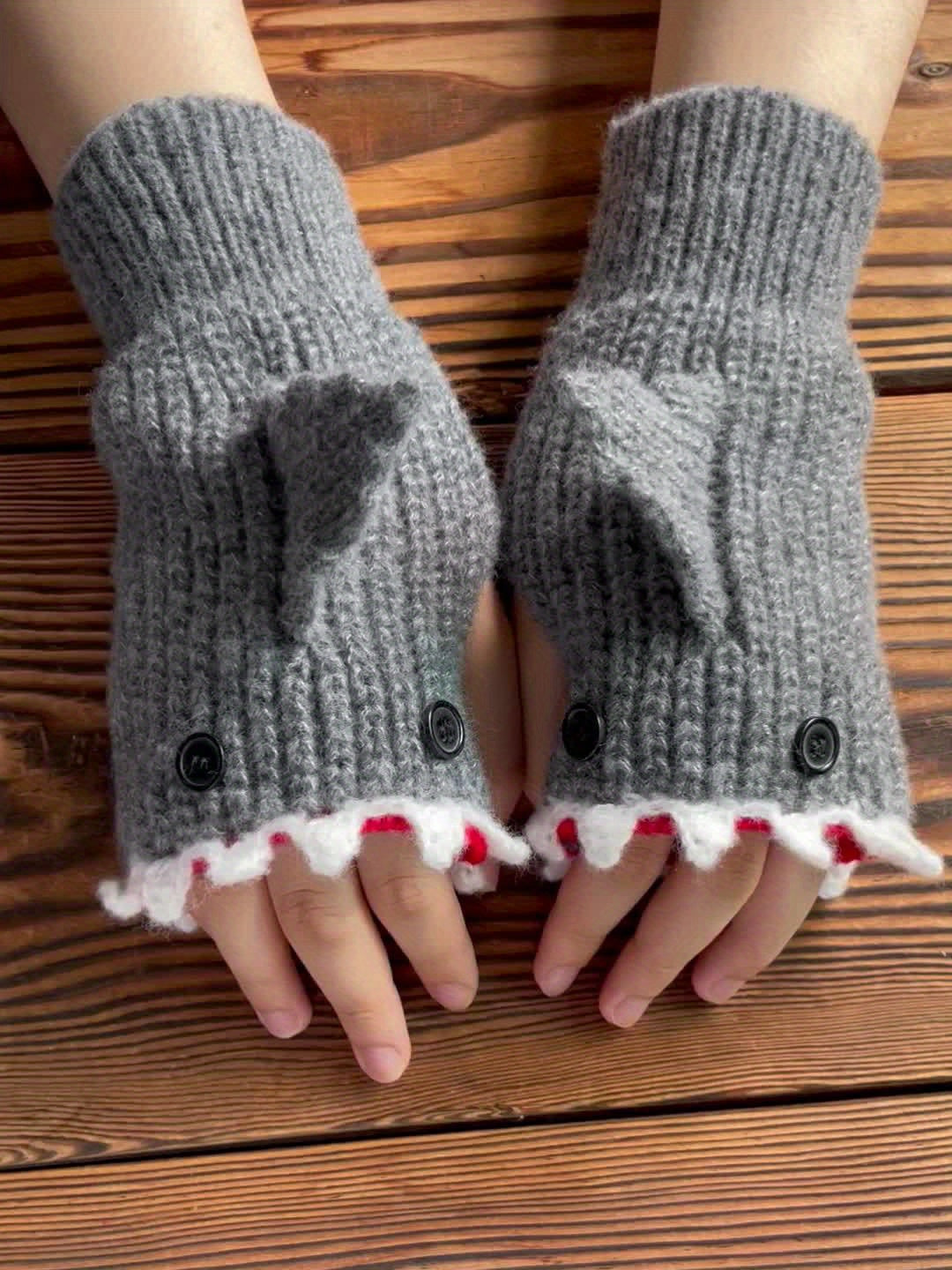 1pair Funny Handmade Shark Gloves - Wool Winter Warm Half-finger Gloves for Christmas Gifts for stocking stuffers Good Vibrations