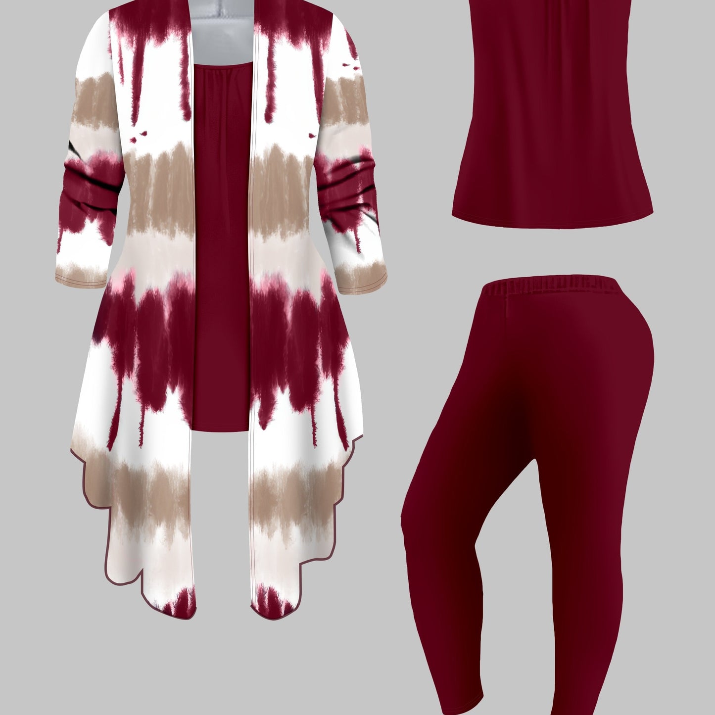 Three-Piece Plus Size Tie Dye Open Front Top & Solid Color Cami Top & Elastic Waist Pants Outfits, Women's Casual Clothing Set Good Vibrations
