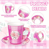 100pcs Disposable Tea Party Cup And Plates Floral Paper Teacups With Handle And Saucer Set For Birthday Princess Blossom Party Shower Decoration Good Vibrations