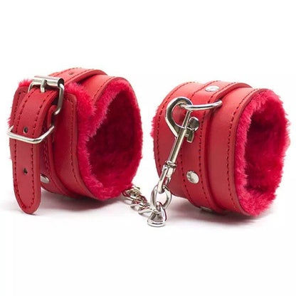 SM handcuffs with soft plush lining, red BDSM bondage restraints for couples, adult game accessory.