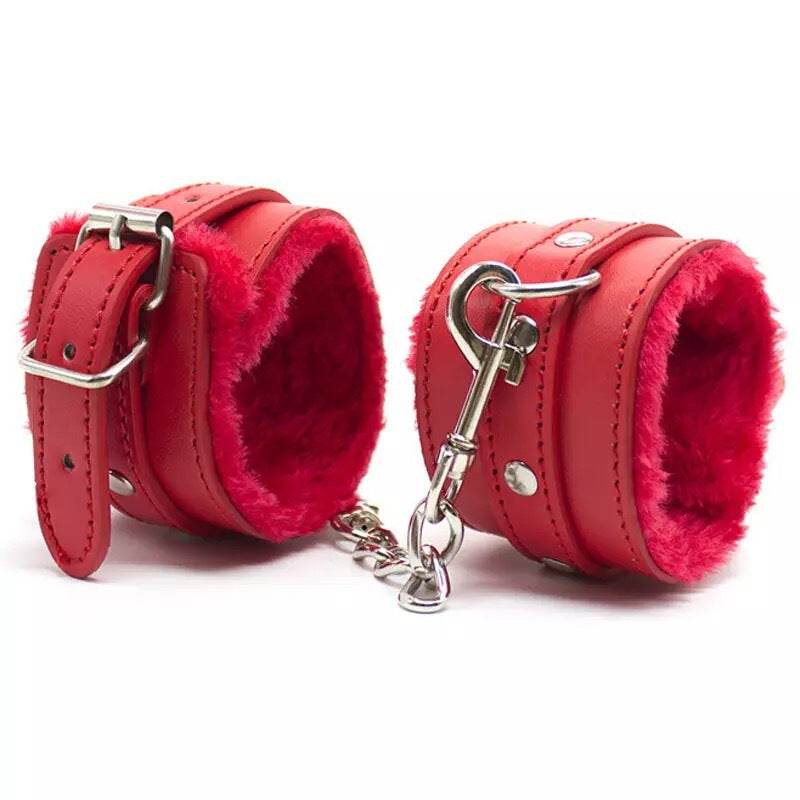 Soft plush red handcuffs with ankle cuff BDSM bondage restraints for adult games.