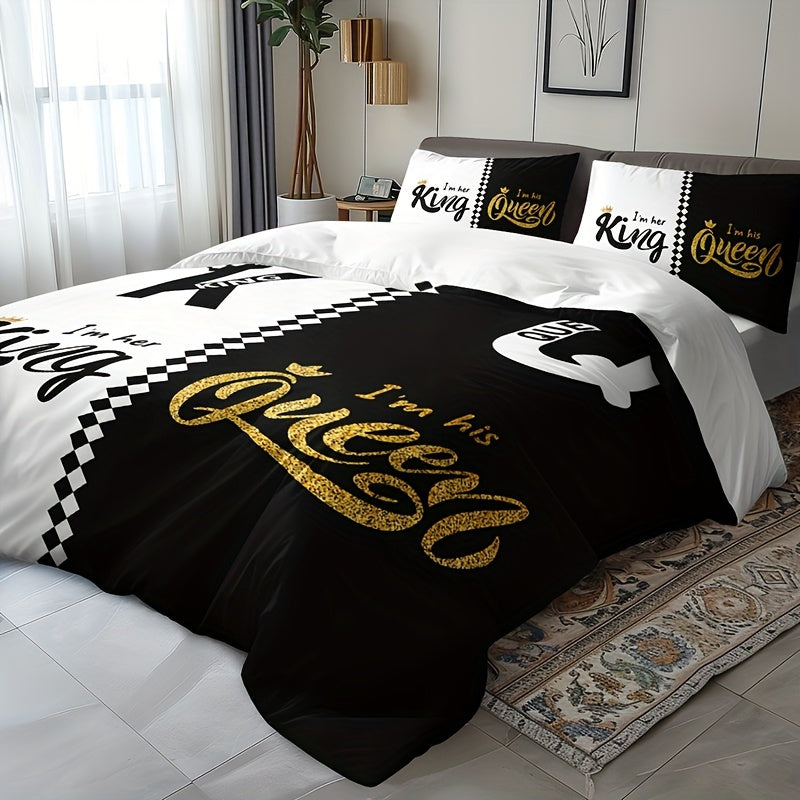 3pcs Black & Grey Crown Lettering Duvet Cover Set (1 Duvet Cover + 2 Pillowcases) - High Definition Printing For Home & Dorm Decor, Comforter Not Included Good Vibrations