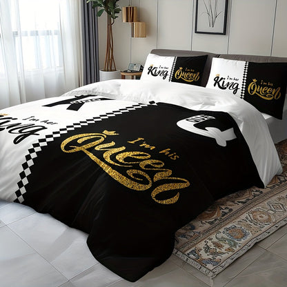 3pcs Black & Grey Crown Lettering Duvet Cover Set (1 Duvet Cover + 2 Pillowcases) - High Definition Printing For Home & Dorm Decor, Comforter Not Included Good Vibrations
