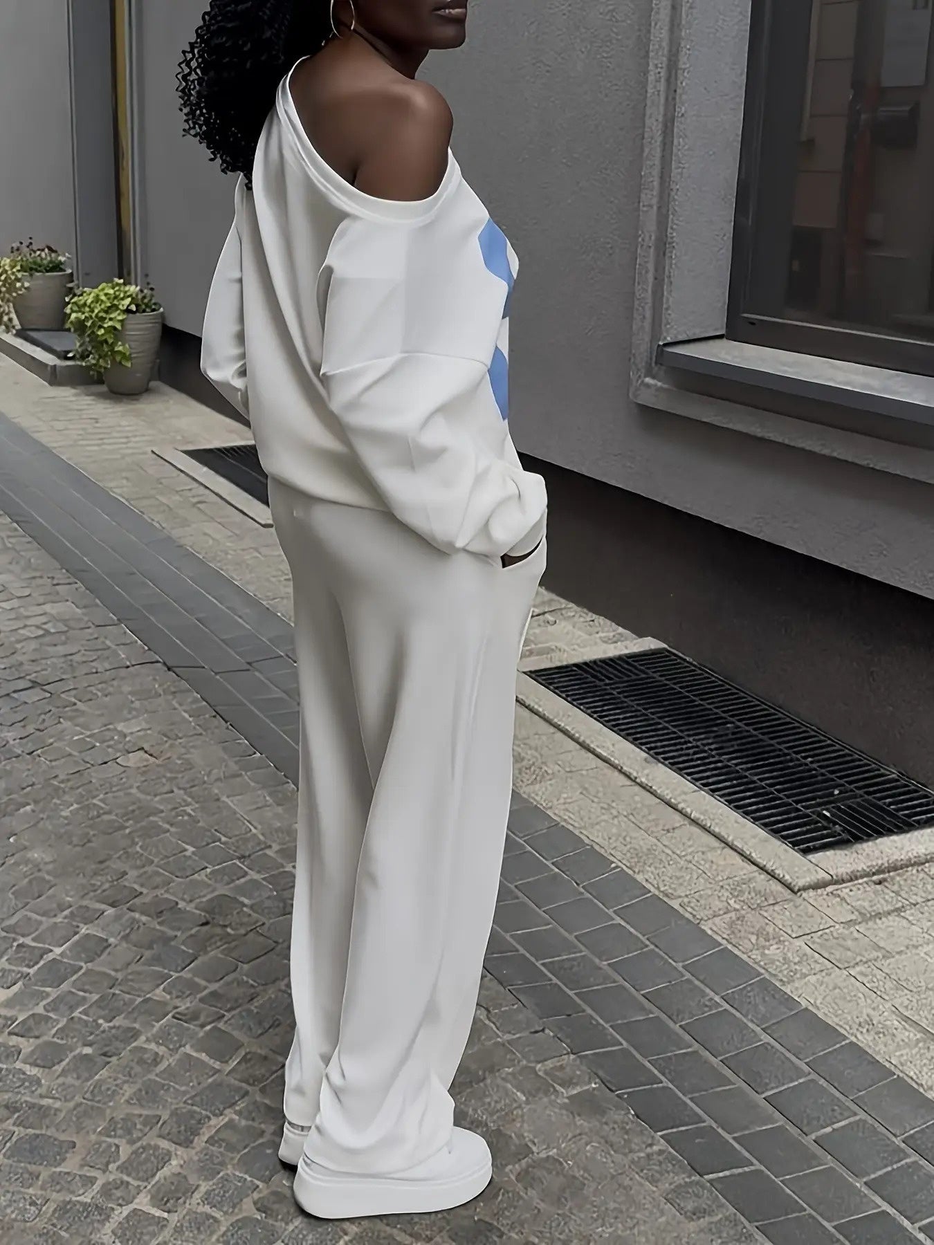 Autumn Women'S Casual Style Letter Print Long Sleeve Pullover Sweatshirt Paired with Casual Drawstring Wide-Leg Pants Set, Casual Set For Women, Women Pant Set Outfit, Set Women Outfit Fall, Set Women Outfit Casual, Co Ord Se Good Vibrations