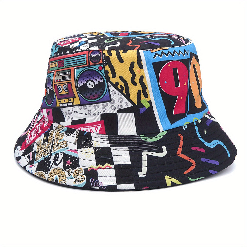 1pc Trendy Unisex Sunshade Bucket Hat with 90s Print - Double-Sided for Outdoor Beach - Great Gift Idea Good Vibrations