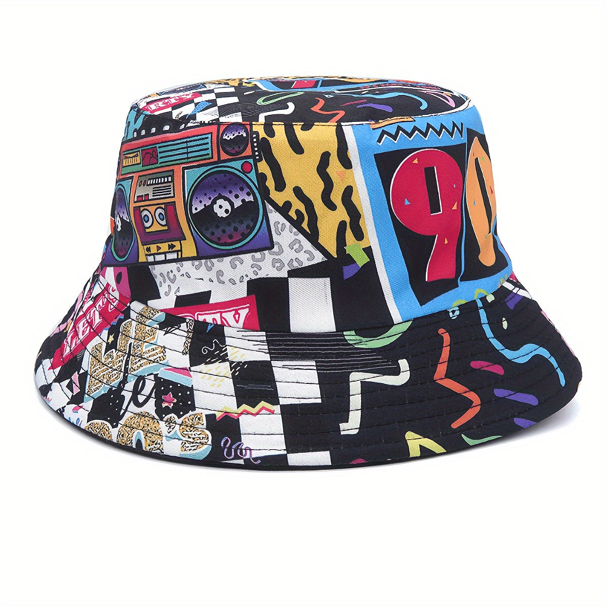 1pc Trendy Unisex Sunshade Bucket Hat with 90s Print - Double-Sided for Outdoor Beach - Great Gift Idea Good Vibrations