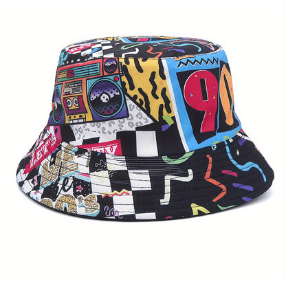 1pc Trendy Unisex Sunshade Bucket Hat with 90s Print - Double-Sided for Outdoor Beach - Great Gift Idea Good Vibrations