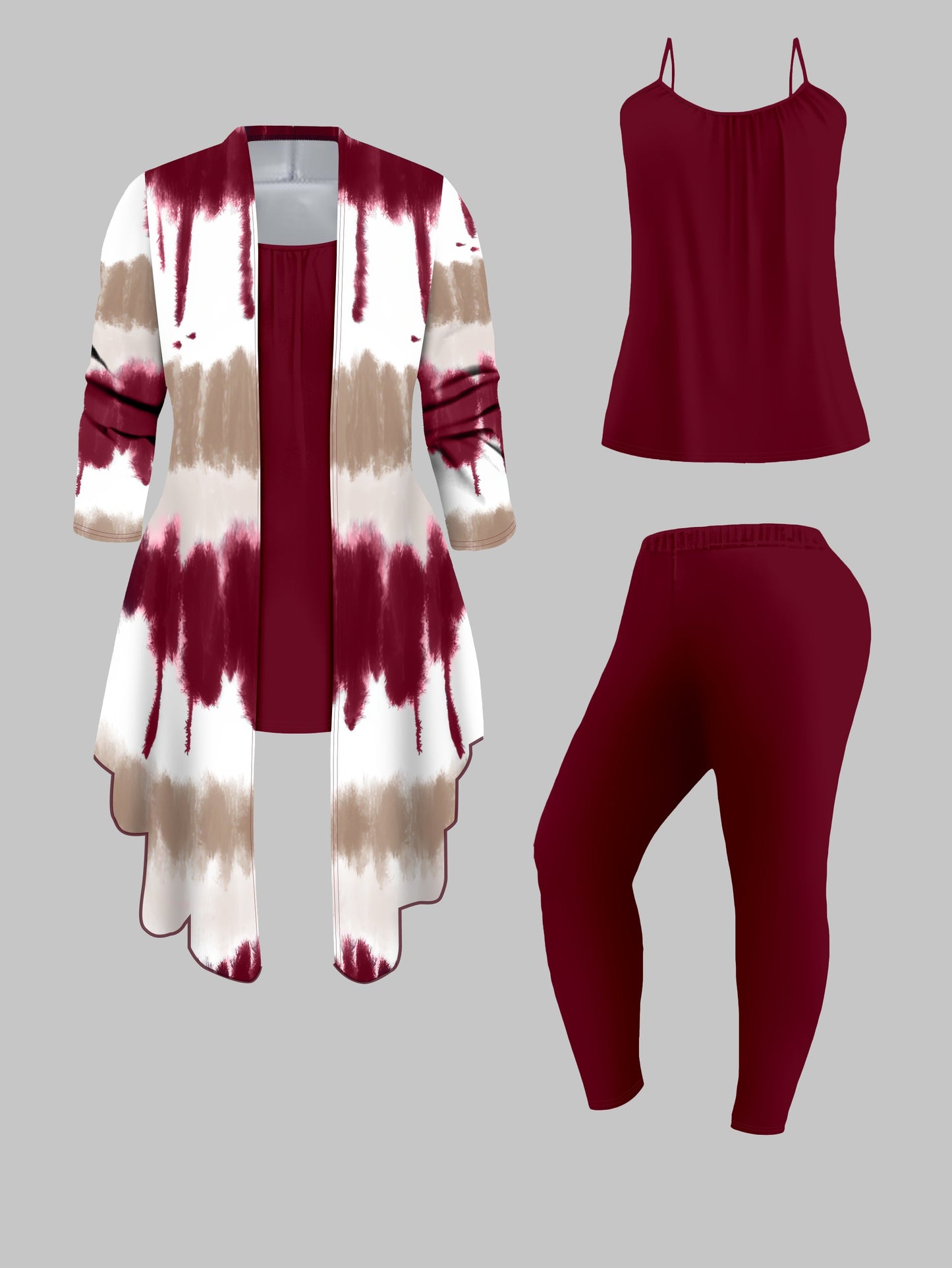 Three-Piece Plus Size Tie Dye Open Front Top & Solid Color Cami Top & Elastic Waist Pants Outfits, Women's Casual Clothing Set Good Vibrations
