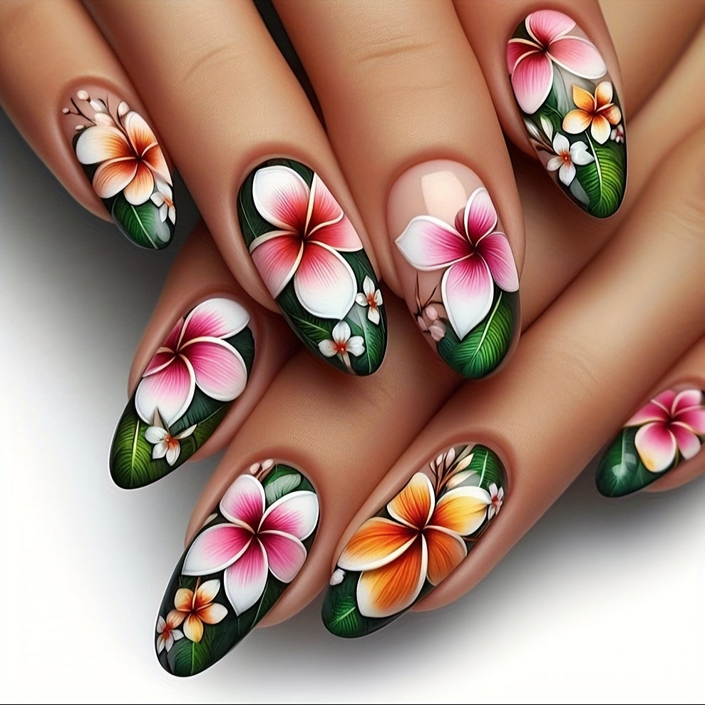 Mixed Color Floral Oval Long Press On Nails with Glossy Finish, French Almond Shape Faux Nail Tips Set, Water Drop Design Adhesive Nail Art Kit YA-28 Good Vibrations
