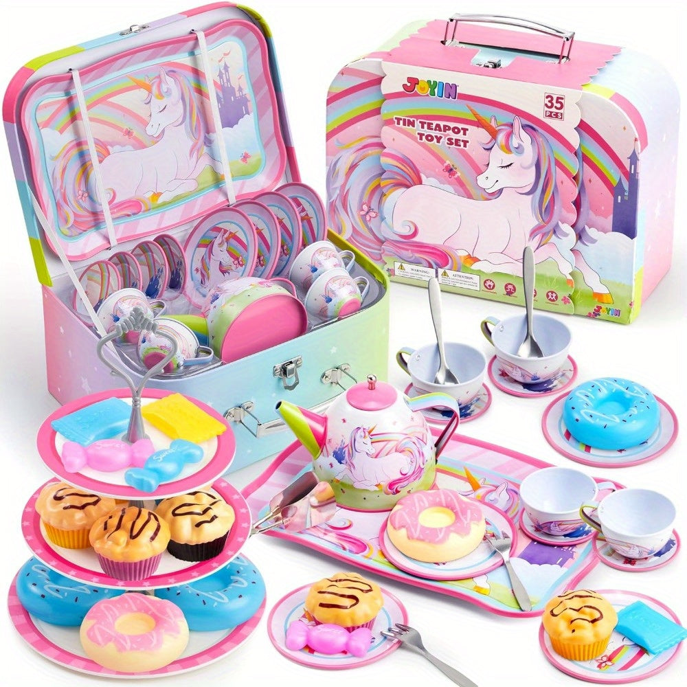 35pcs Unicorn Tea Party Set for Little Girls, Pretend Tin Teapot Set, Princess Tea Time Play Kitchen Toy with Dessert, Doughnut, Carrying Case for Birthday Easter Gifts Youngsters Youngsters Age 3 4 5 6, SYNCFUN Good Vibrations