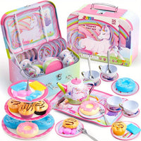 35pcs Unicorn Tea Party Set for Little Girls, Pretend Tin Teapot Set, Princess Tea Time Play Kitchen Toy with Dessert, Doughnut, Carrying Case for Birthday Easter Gifts Youngsters Youngsters Age 3 4 5 6, SYNCFUN Good Vibrations