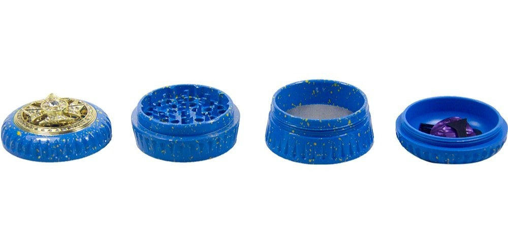 4-Layer Aluminum Herb Grinder with Built-in Fidget Spinner Top, Unique Star-Shaped Spinner Design with Embedded Rhinestones, Textured Body with Colorful Speckled Pattern for Enhanced Grip, Durable Construction and Smooth Grin Good Vibrations Adult Super Store