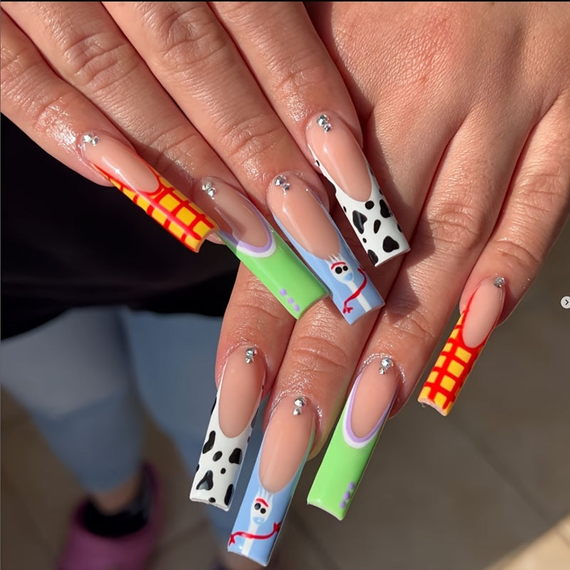 Festive Long Ballet Nail Tips with Cow Print And Checkered Design - Nude Color, Shiny Finish Good Vibrations