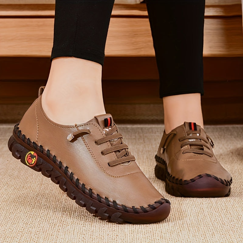 Women's Beige & Burgundy Round-Toe Casual Shoes - All-Season Synthetic Cover-like Upper with Cushioned PVC Sole, Round-Toe Walking Shoes for Square Dance, Dance Practice, Daily Wear - Comfortable Dress Footwear (Hand Washable Good Vibrations