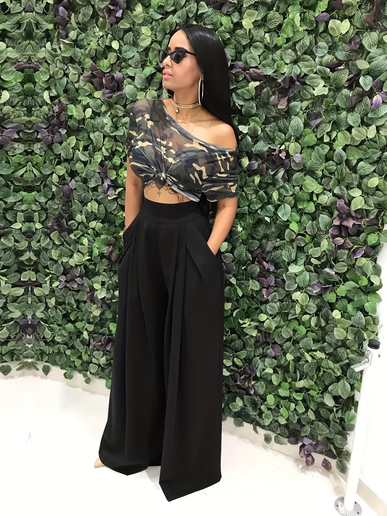 Loose Straight Flare Pants, Casual Pocket High Waist Solid Wide Leg Fashion Comfy Pants, Women's Clothing Good Vibrations