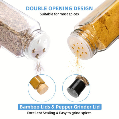 24 Glass Spice Jars with Label, Bamboo Spice Jar Set 4oz Seasoning Containers with Labels, with 2pcs Pepper Grinder, Spice Bottles Funnel, Empty Spice Jars and Shaker Lids Spice Containers Good Vibrations