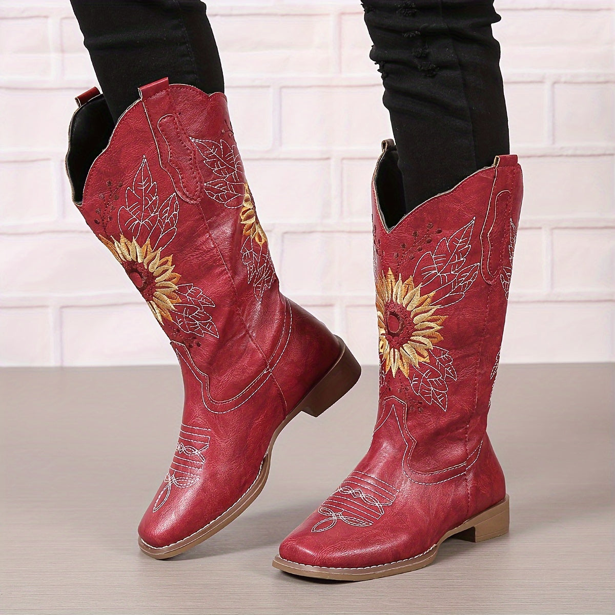 [Mid Calf Embroidered Western Boots] Women's Embroidered Mid Calf Western Boots, Faux Leather Fashion Boots, Women's Footwear Good Vibrations
