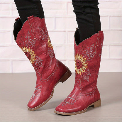 [Mid Calf Embroidered Western Boots] Women's Embroidered Mid Calf Western Boots, Faux Leather Fashion Boots, Women's Footwear Good Vibrations