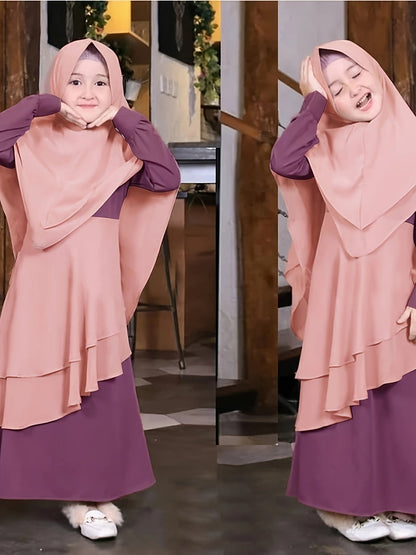 Girl's Spring And Autumn Style Traditional Ethnic Clothing Set, Long-sleeved Asymmetric Ruffle Dress + Headscarf 2Pcs Set Good Vibrations