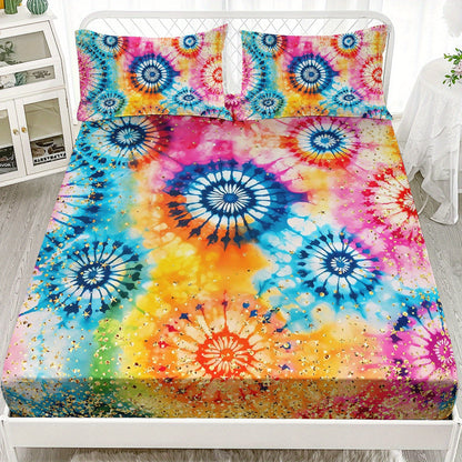 3pcs Tie Dye Fitted Sheets Bohemian Bedding Set Colorful Bed Set Glitter Stars Bedroom Decor Four Seasons (1Fitted Sheets + 2Pillowcases NO Flat Sheet) Good Vibrations